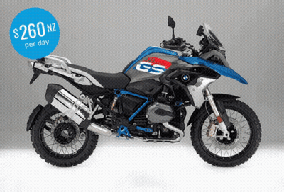A Bmw Gs Motorcycle With A Price Tag Of $ 260 Nz Per Day GIF