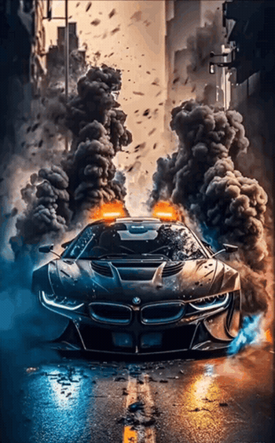 A Bmw Is Driving Down A Street With Smoke And Smoke Coming Out Of It GIF