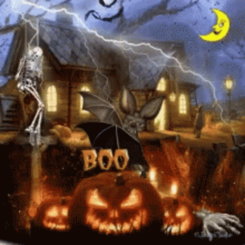 A Boo Sign Is On A Pumpkin In A Halloween Scene GIF