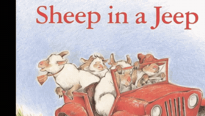 A Book Called Sheep In A Jeep Has A Picture Of Sheep Driving A Red Jeep GIF