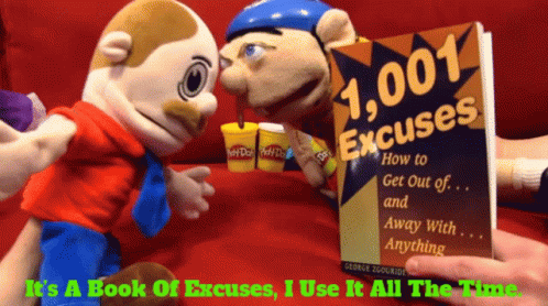 A Book Titled ' 1,001 Excuses ' Is Being Held By Two Stuffed Animals GIF