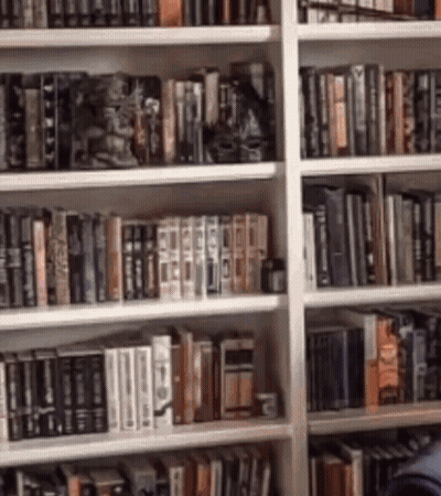 A Bookshelf Filled With Lots Of Books Including One That Says ' I 'M Not A Fan ' GIF