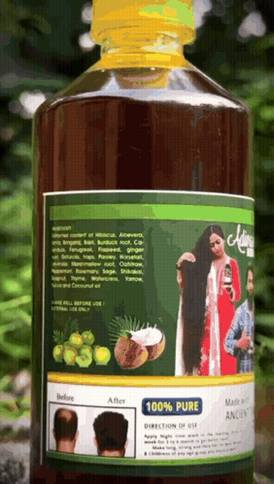 A Bottle Of 100 % Pure Hair Oil Has A Before And After Picture On The Label GIF