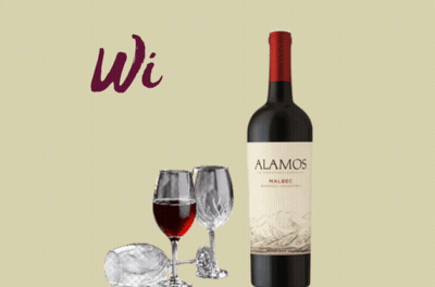 A Bottle Of Alamos Malbec Wine Next To Two Glasses Of Wine GIF