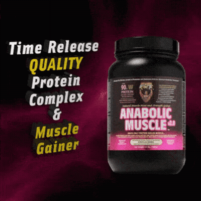 A Bottle Of Anabolic Muscle 2.0 On A Pink Background GIF