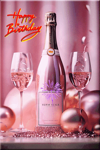 A Bottle Of Berm Acalx Champagne Sits Next To Two Wine Glasses GIF