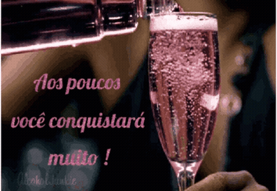 A Bottle Of Champagne Is Being Poured Into A Glass With The Words " Aos Poucos Você Conquistara Muito " GIF