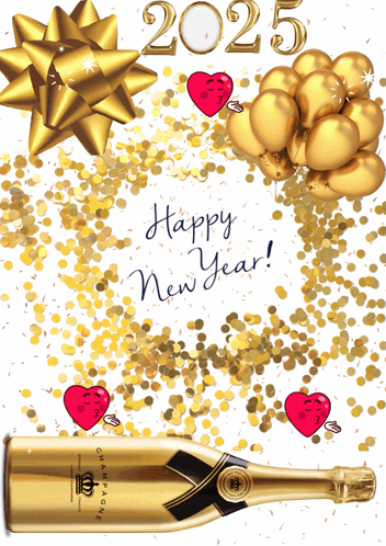 A Bottle Of Champagne Is Surrounded By Gold Confetti And Balloons With The Words Happy New Year Written On It GIF