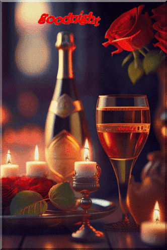 A Bottle Of Champagne Sits Next To A Glass Of Wine With Candles Lit GIF