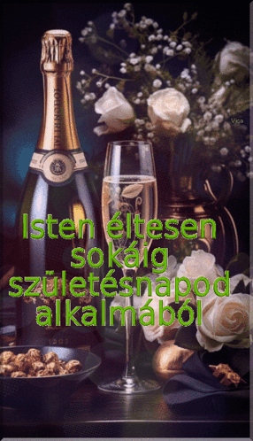 A Bottle Of Champagne Sits On A Table Next To A Glass Of Champagne GIF