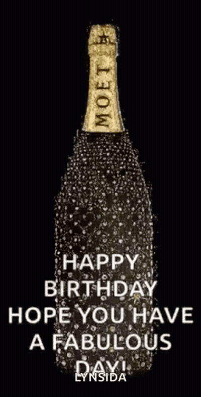 A Bottle Of Champagne With The Words `` Happy Birthday Hope You Have A Fabulous Day ! '' Written On It GIF