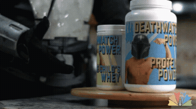 A Bottle Of Deathwatch Protein Powder Sits Next To A Bottle Of Child 'S Whey Protein Powder GIF
