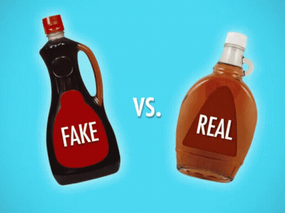 A Bottle Of Fake Syrup And A Bottle Of Real Syrup GIF