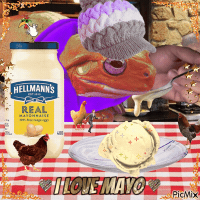 A Bottle Of Hellmann 'S Real Mayonnaise Sits On A Table Next To Chickens GIF