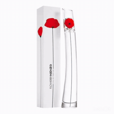 A Bottle Of Perfume With A Red Flower On The Top GIF