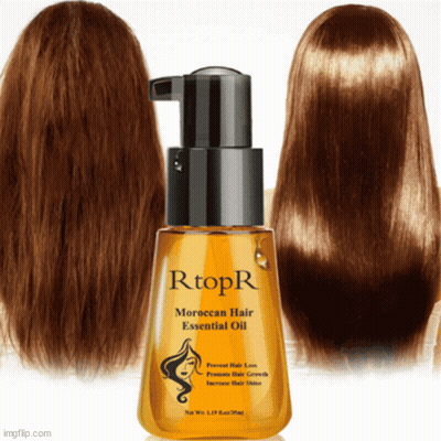 A Bottle Of Rtopr Moroccan Hair Essential Oil Next To A Picture Of Hair GIF