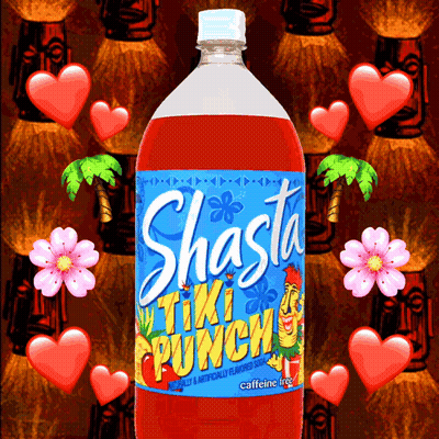 A Bottle Of Shasta Tiki Punch Is Surrounded By Tiki Statues GIF