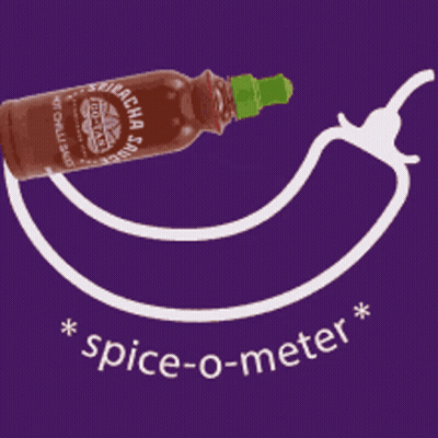 A Bottle Of Sriracha Sauce Is Being Poured Into A Red Pepper On A Purple Background GIF
