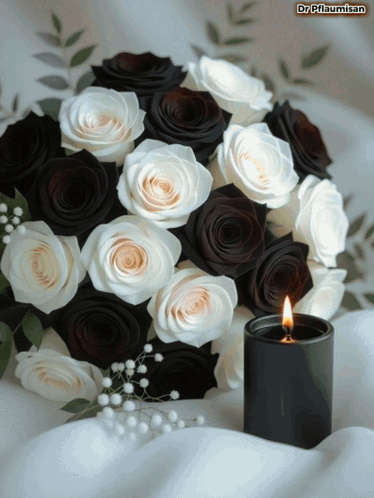 A Bouquet Of Black And White Roses With A Candle Next To Them GIF