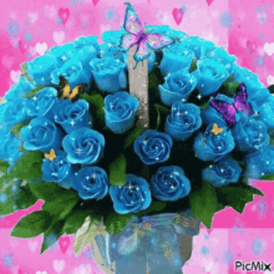 A Bouquet Of Blue Roses In A Vase With Butterflies On A Pink Background . GIF
