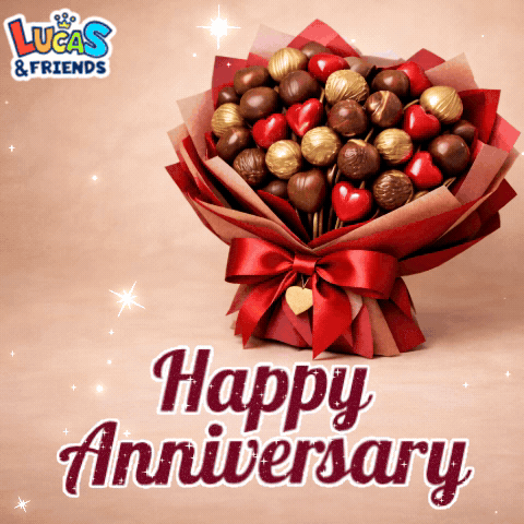 A Bouquet Of Chocolates With The Words " Happy Anniversary " On The Bottom GIF