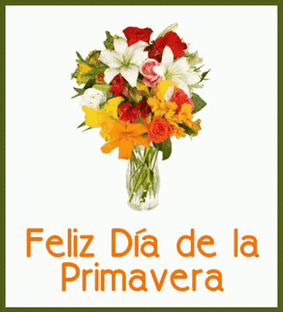 A Bouquet Of Flowers In A Vase With Feliz Dia De La Primavera GIF