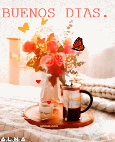 A Bouquet Of Flowers Sits On A Tray With The Words Buenos Dias GIF