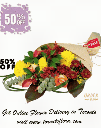 A Bouquet Of Flowers With A 50 % Off Advertisement GIF