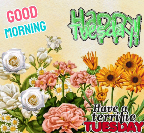 A Bouquet Of Flowers With The Words Good Morning Happy Tuesday GIF