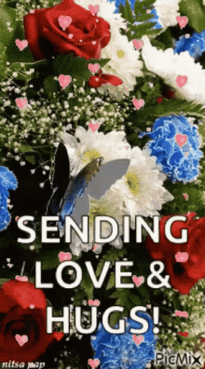 A Bouquet Of Flowers With The Words Sending Love And Hugs Written On It GIF