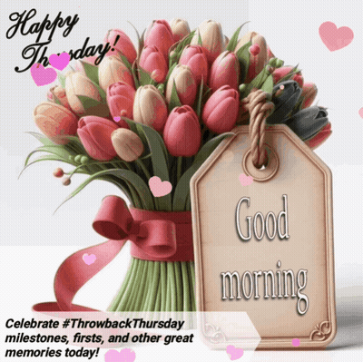 A Bouquet Of Pink And White Tulips With A Tag That Says Good Morning GIF