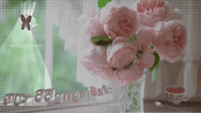 A Bouquet Of Pink Flowers In A Vase With A Cup Of Tea And A Butterfly GIF