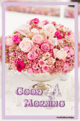 A Bouquet Of Pink Flowers In A Vase With The Words Good Morning On It GIF