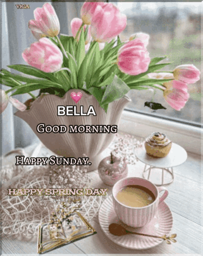 A Bouquet Of Pink Flowers Sits On A Table Next To A Cup Of Coffee GIF