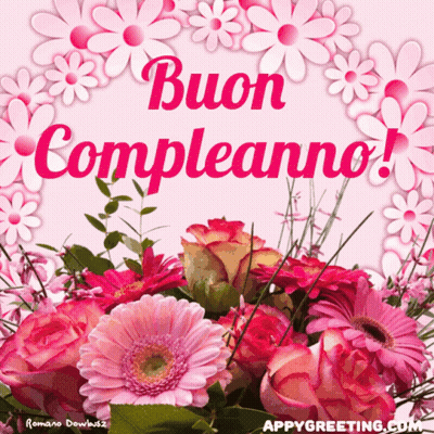 A Bouquet Of Pink Flowers With The Words Buon Compleanno Written On It GIF