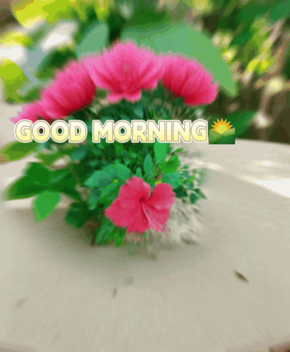 A Bouquet Of Pink Flowers With The Words Good Morning Written Above Them GIF