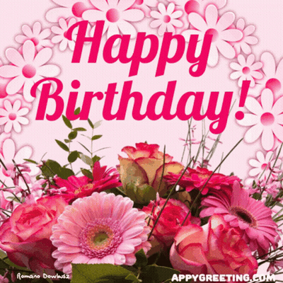 A Bouquet Of Pink Flowers With The Words Happy Birthday Written On It GIF