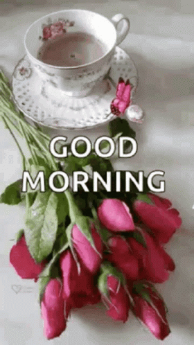 A Bouquet Of Pink Roses And A Cup Of Coffee On A Saucer With The Words `` Good Morning '' Written On It . GIF