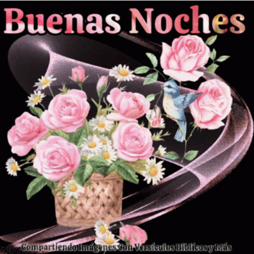 A Bouquet Of Pink Roses And Daisies With The Words Buenas Noches Above GIF