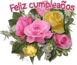 A Bouquet Of Pink Roses And Yellow Daisies With The Words Feliz Cumpleanos Written Above Them Sticker