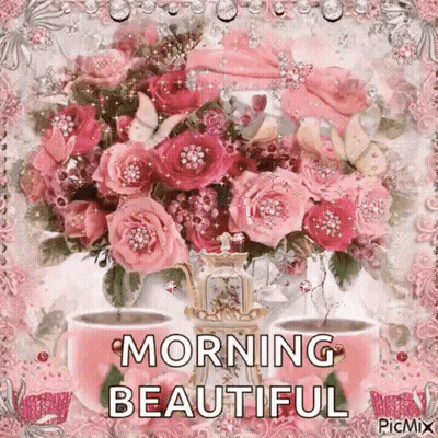 A Bouquet Of Pink Roses In A Vase With Two Cups Of Coffee . GIF