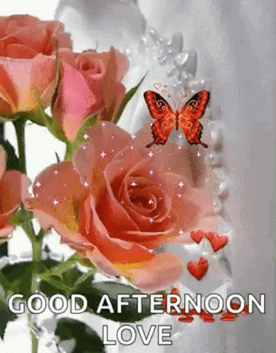A Bouquet Of Pink Roses With A Butterfly And Hearts On A White Background . GIF