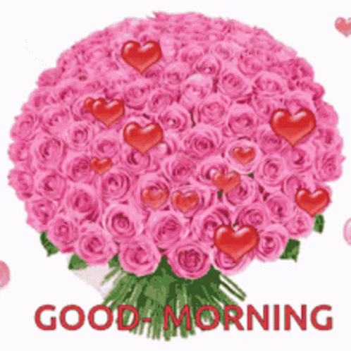 A Bouquet Of Pink Roses With Red Hearts And The Words " Good Morning " GIF