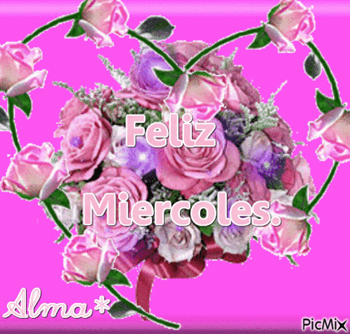 A Bouquet Of Pink Roses With The Words Feliz Miercoles GIF