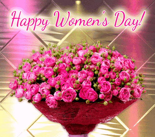 A Bouquet Of Pink Roses With The Words Happy Women 'S Day On The Bottom GIF
