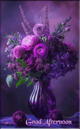 A Bouquet Of Purple Flowers In A Purple Vase With The Words Good Afternoon Below It GIF
