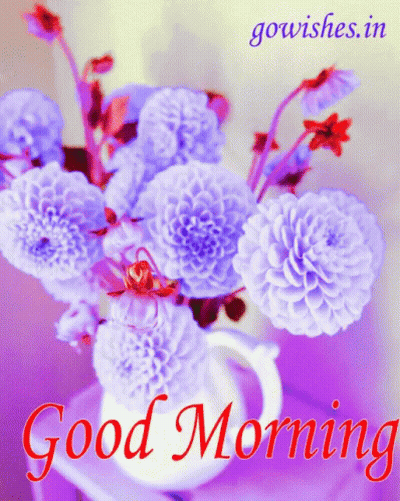 A Bouquet Of Purple Flowers In A White Vase With The Words Good Morning GIF