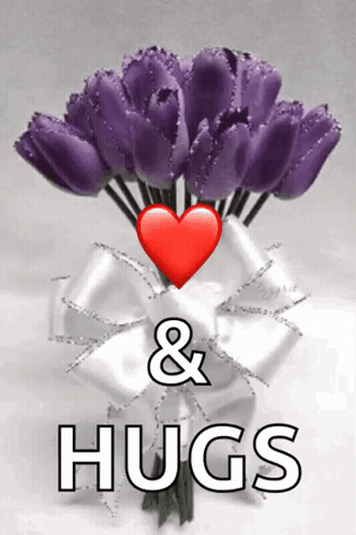 A Bouquet Of Purple Tulips With A Red Heart And The Words Hugs GIF