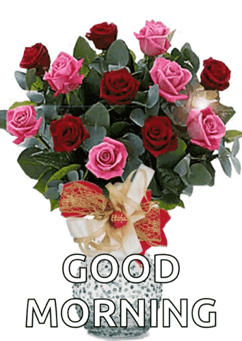 A Bouquet Of Red And Pink Roses In A Vase With The Words Good Morning Written Below It GIF