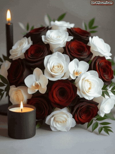 A Bouquet Of Red And White Roses With A Candle GIF